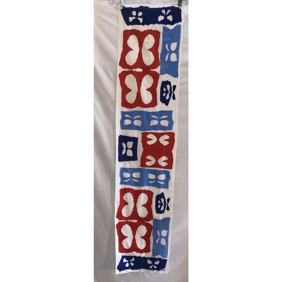 Vintage Signed Vera Neumann Scarf Hair Tie Red White Blue Butterfly Geometric - Picture 2 of 5